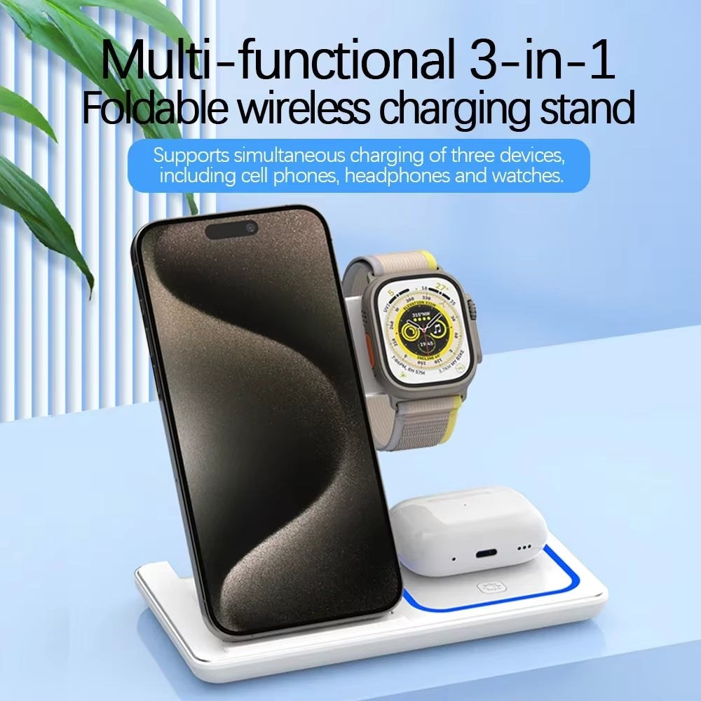 3-in-1 Wireless Charging Station with LED – Foldable Fast Charger
