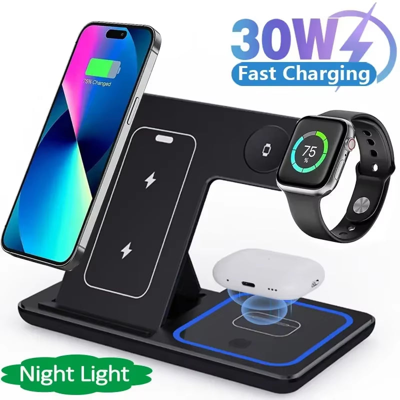 3-in-1 Wireless Charging Station with LED – Foldable Fast Charger