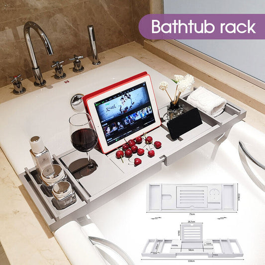 Expandable Bamboo Bathtub Caddy Tray – Luxury Over-Tub Bath Table with Book, Wine & Tablet Holder