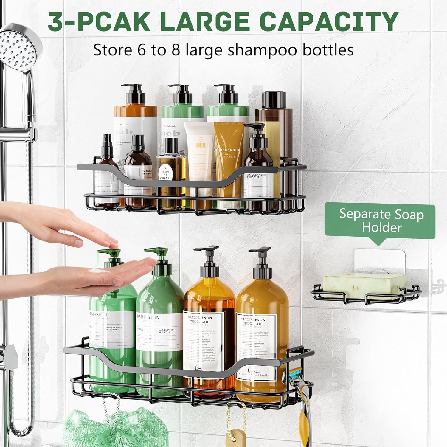 3-Pack Corner Shower Caddy – Adhesive Stainless Steel Bathroom Organiser with Soap Holder & Hooks | No-Drill Rustproof Shower Shelves