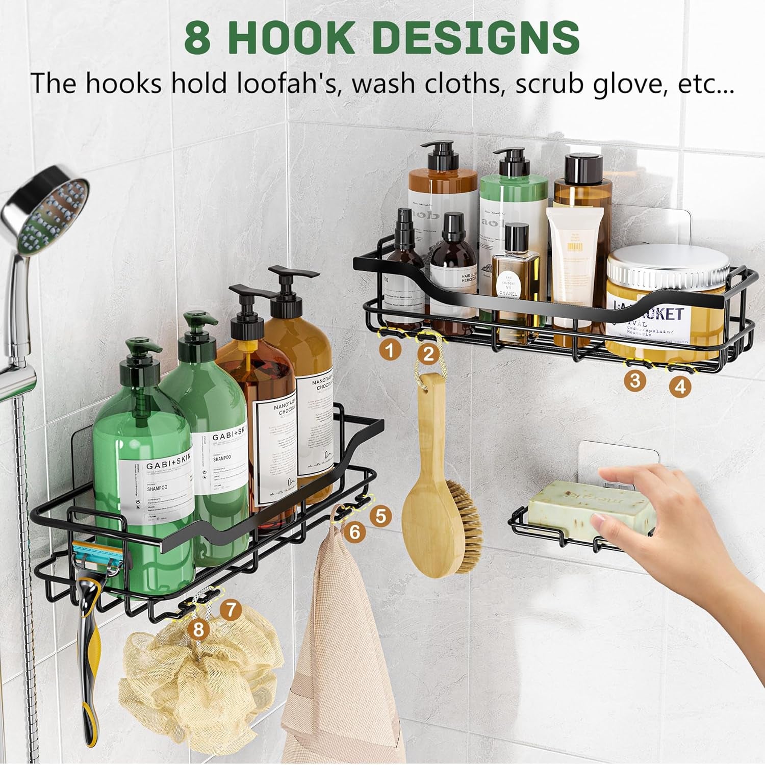 3-Pack Corner Shower Caddy – Adhesive Stainless Steel Bathroom Organiser with Soap Holder & Hooks | No-Drill Rustproof Shower Shelves