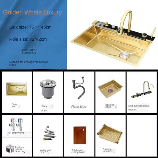 Gold Kitchen Sink Stainless Steel Sink Digital Vegetable Washing Basin, Atmosphere Light, Kitchen Large Single Sink 75Cmx46Cm