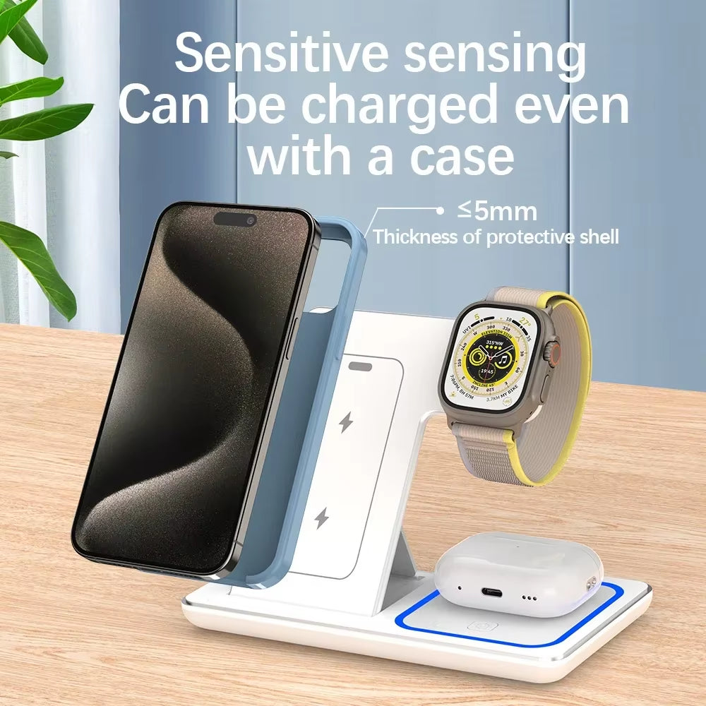 3-in-1 Wireless Charging Station with LED – Foldable Fast Charger